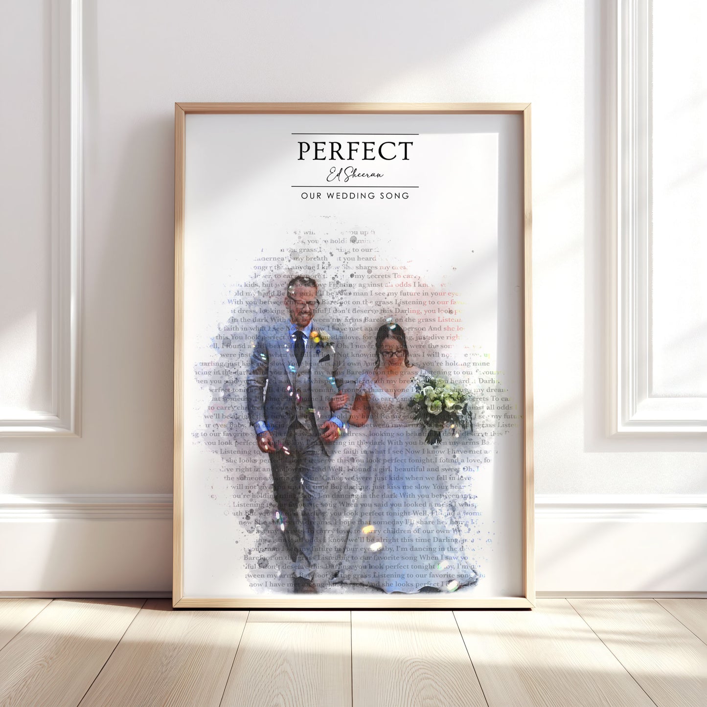 Personalised Watercolour Wedding Photo & Song Lyrics Portrait